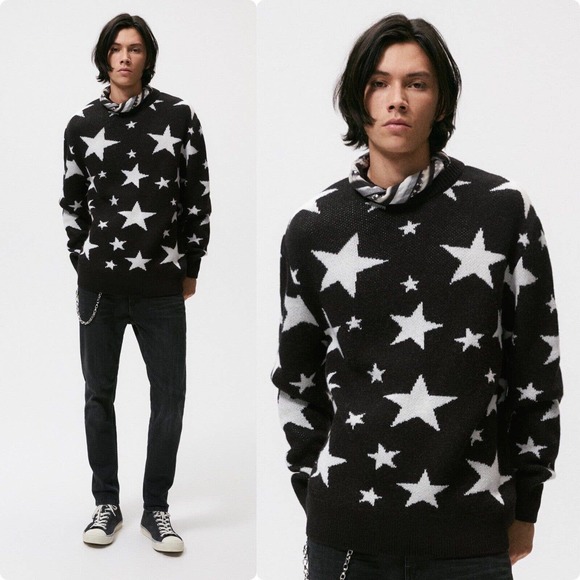 Zara Sweaters Zara Star Jacquard Black White Wool Blend Sweater Large Mens Pullover Poshmark